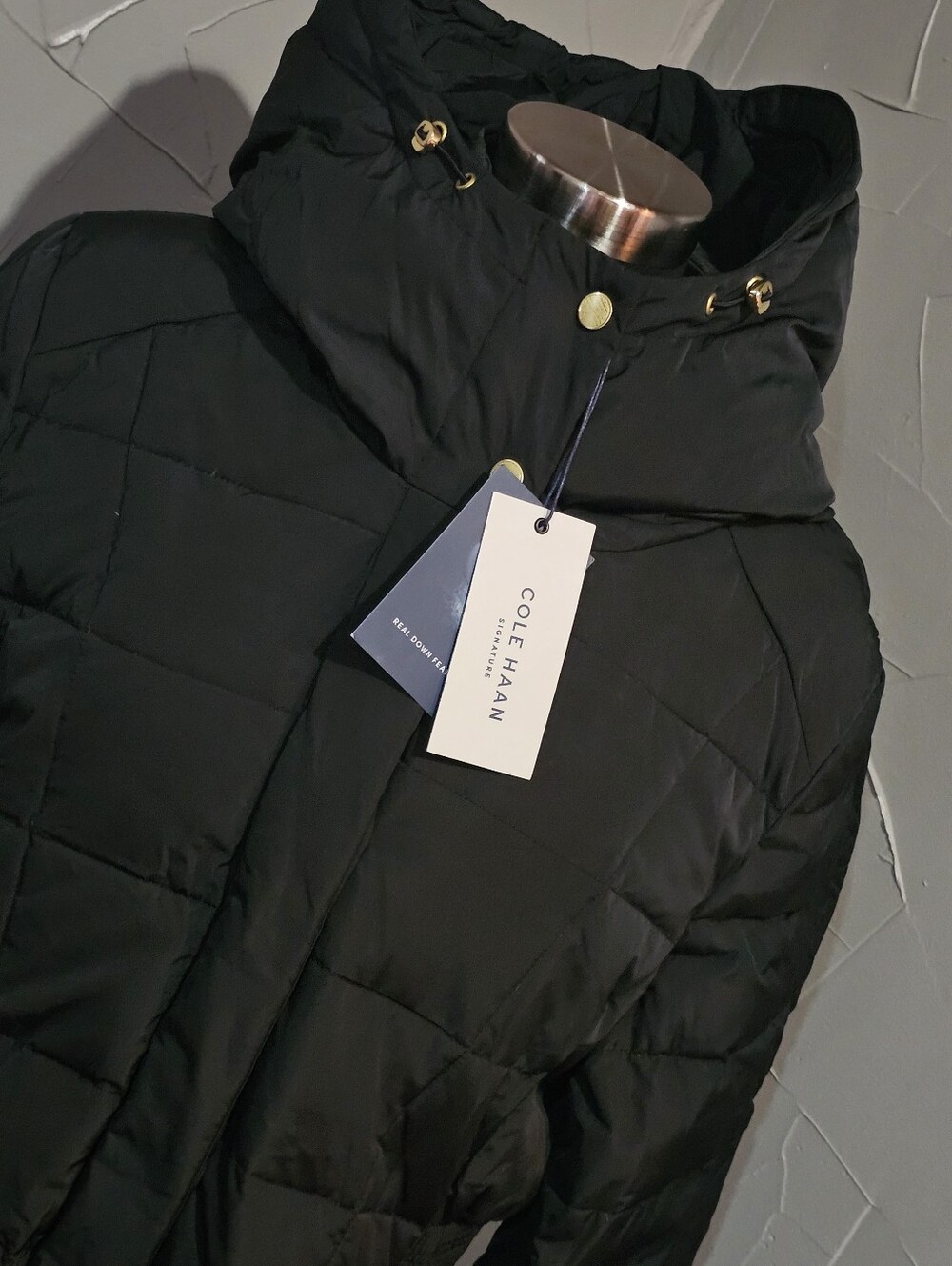 Cole Haan Black Quilted Hooded Puffer Jacket with Gold Hardware - XL